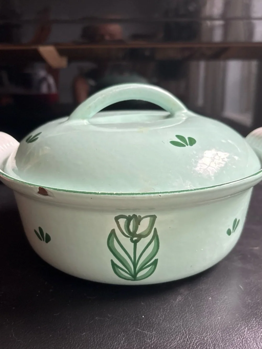 Dru Holland vintage Mint Green Tulip Floral Covered Casserole Dish